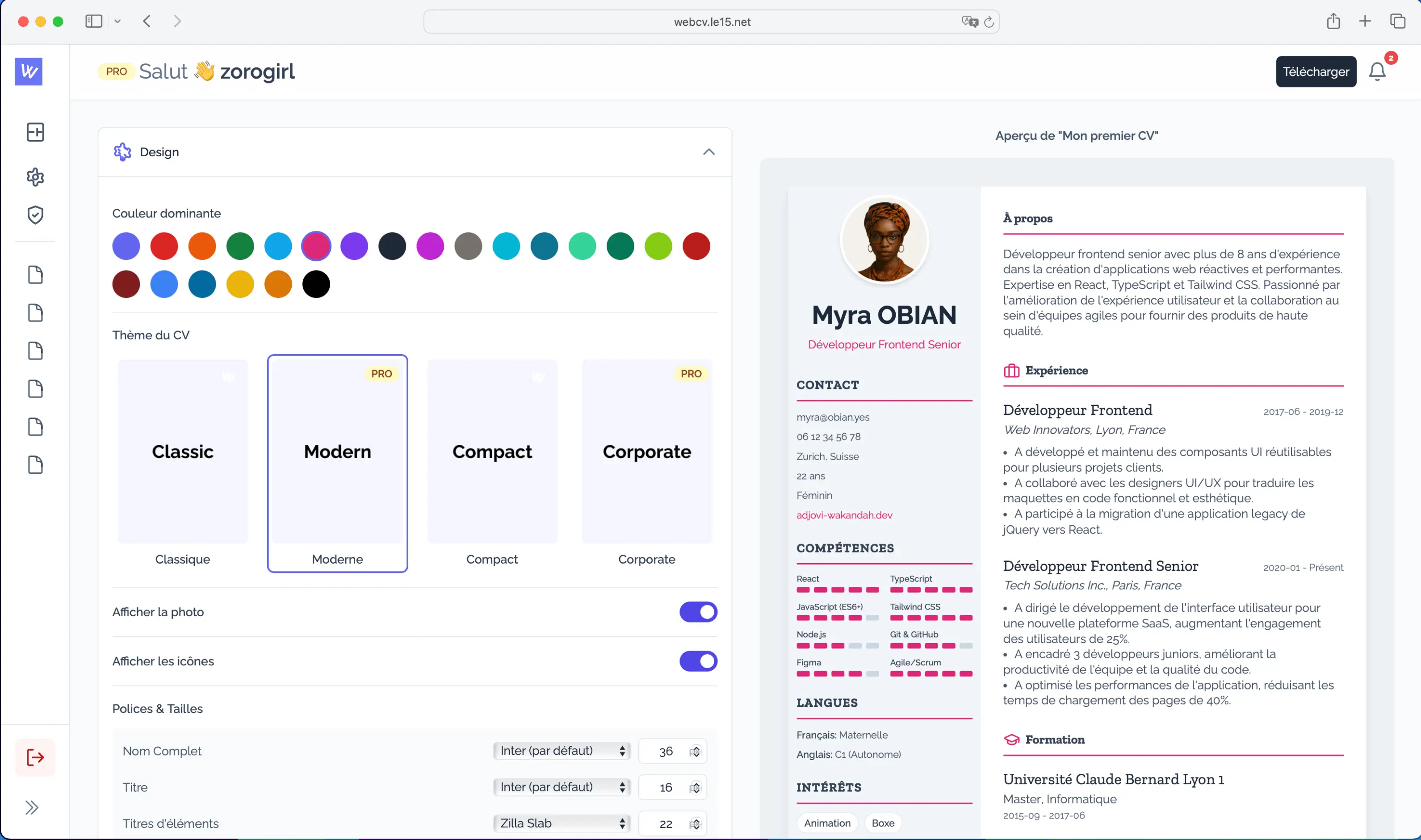 Aperçu de l'application WebCV montrant l'éditeur de CV intuitif